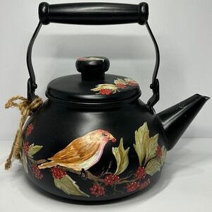 Hand Painted Matte Black Tea Kettle Bird and Red Berries Decorative Farmhouse